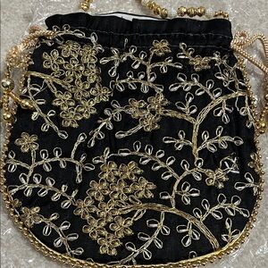 Embroidered Black and Gold Evening Drawstring Bag